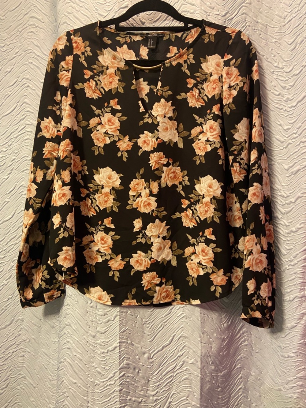Forever 21 Black Floral Long-Sleeve Blouse with Peach Roses